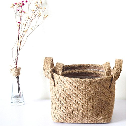 Storage Basket Flower Pot Blended Weaving Line Laundry Handmade Organizer Plant Box Garden Kids Toys Nursery Handle Bag by Xiaolanwelc (Weaving linen, L) - Thumbnail 4