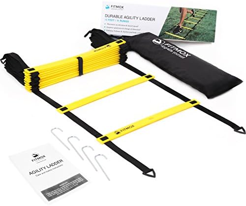 Fitmox Agility Ladder - Plus Bonuses: Best Exercise Programs and Carry Bag - Comes with 4 Durable Metal Pegs (15 feet Yellow)