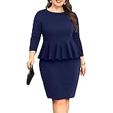 Pinup Fashion Business Dresses for Woman Plus Size - Church Work Office Peplum Pencil Boat Neck Knee Length Dress