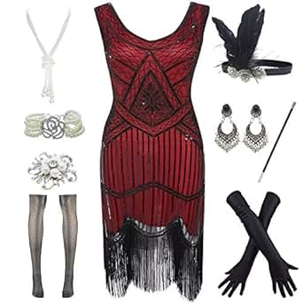 Women XL-3XL 1920s Gatsby Cocktail Sequin Beaded V-Neck Fringed Dress with 20s Accessories Set 