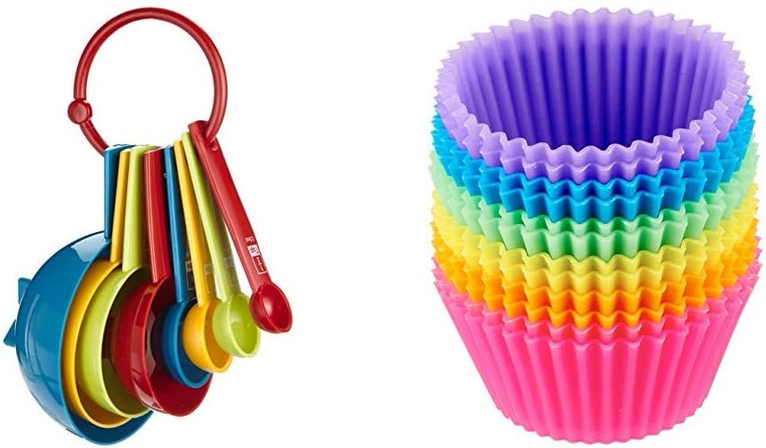 KitchenCraft Let's Make Measuring Cups and Spoons Set with Built In Cookie Cutters, Plastic, Multi Colour, 8 Pieces & Amazon Basics Reusable Silicone Baking Cups, Pack of 12
