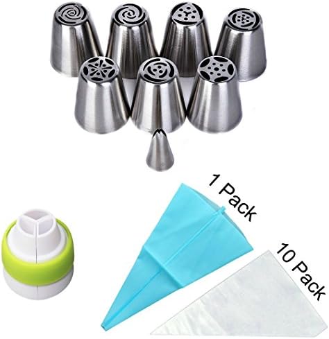 Russian Piping Tips Set 20-Pieces With Leaf Tip For Cake and Cupcake Icing Decorating - Includes 7 Pipping Tips, Copler, 10 Disposable Piping Bags, Silicone Bag - MadeMarle