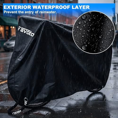 Favoto Bike Cover Outdoor Waterproof Bicycle Cover Thicken Oxford Windproof UV Sun Snow Dustproof with Lock Hole Storage Bag for Mountain Road City Bike Beach Cruiser Sport Bike | 420D Heavy Duty Bike Cover Rain Sun UV Dust Wind Proof with Storage Bag Bike Tarp for EBike Mountain Road City Bike, Black