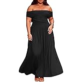 AWASIR Women's Off The Shoulder Maxi Dress Bodycon Ruched Flowy Long Dresses Pleated Summer Dress