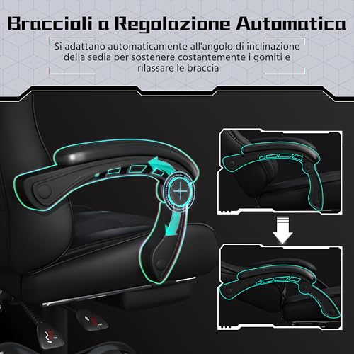 Yaheetech Ergonomic Massage Reclining Gaming Chair with Footrest, Headrest and Lumbar Support Faux Leather Padded Armrests, Gamer Desk Chair with Swivel Casters, Black