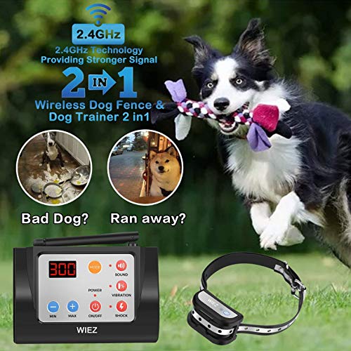 WIEZ Dog Fence Wireless & Training Collar Outdoor 2-in-1, Electric Wireless Fence for Dogs w/Remote, Adjustable Range Control, Waterproof Reflective Stripe Collar, Harmless for All Dogs