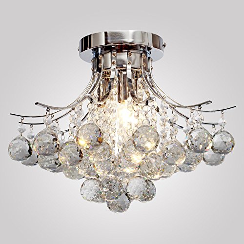 LOCOÂ Chrome Finish Crystal Chandelier with 3 Lights, Mini Style Flush Mount Ceiling Light Fixture for Study Room/Office, Dining Room, Bedroom, Living Room