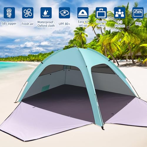 Beach Tent, UV Protection 80+ Beach Tent with 2 Zipped Doors and 2 Mesh Windows Anti UV Tent for Family, Carry Bag, Beach Shelter