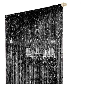 Duosuny 39x78 Inch Door String Curtain Rare Flat Silver Ribbon Thread Fringe Window Panel Room Divider Cute Strip Tassel for Wedding Coffee House Restaurant Party Parts (Pack of 2 Black)