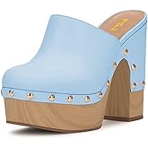 FSJ Women Closed Round Toe Mules High Chunky Heeled Sandals Slip On Platform Wooden Clogs Studs Comfy Outfit Shoes Size 4-16 US