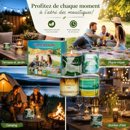 Bougies à la Citronnelle Dans des Boîtes de Bougies en cire pour Barbecue Camping Voyages Vacances Patio Intérieur Jardin Cuisine 4 Pièces