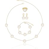 Gold Plated Five Leaf Clover Necklace Bracelet Rings and Dangle Earrings Set for Women Lucky Flower Jewelry