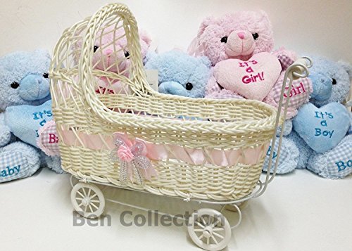 Ben Collection Wicker Baby Girl 11 Inch Carriage - Baby Shower Centerpiece Stroller Party Favors (Pink)