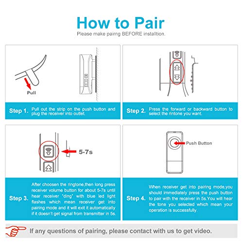 Bitiwend Wireless Doorbell Kit,Operating at 1000 Feet with 52 Chimes,4 Level Volume, 2 Receivers & 1 Weatherproof Push Button with Sound and LED Flash,Low Power Consumption - Thumbnail 6