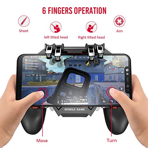 MEO Mobile Game Controller with Cooling Fan [ 6 Finger ] - Mobile Game Aim and Shoot Trigger L1R1 Grip Gamepad Compatible with iPhone/Android [ Black-4000mAh Built-in Battery ]