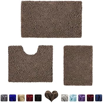 HOMEIDEAS 3 Pieces Bathroom Rugs Set Brown, Luxury Soft Chenille Bath Mats Set, Absorbent Shaggy Bath Rugs & Slip Resistant Plush Carpets Mats for Tub, Shower, Bathroom