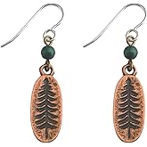 Antiqued Copper Pine Tree Dangle Earrings Sterling Silver Earwires Forest Green Matte Beads Boho Nature Mountains Outdoors Camping Woodland Wilderness Evergreen Beaded Jewelry for Women