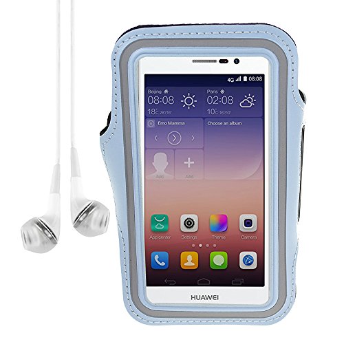 Active Sports Armband for HUAWEI Ascend P7 / Ascend P6 / Ascend G6 / Ascend D2 / huawei smarthone + VanGoddy White headphone with MIC (Light Blue)