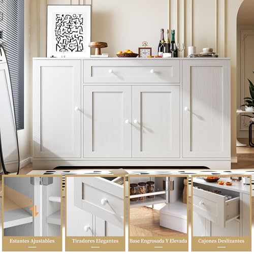 Alacenas para Cocina con Cajones, 4 Puertas y Estantes Regulables | Mueble Cocina 120x90x40CM de madera, base reforzada. Gabinete para Cocina, Bufetera Mueble y Credenza Bufetera. Blanco.