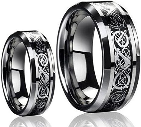 His & Her's 8MM/6MM Tungsten Carbide Celtic Knot Dragon Design Carbon Fiber Inlay Wedding Band Ring Set