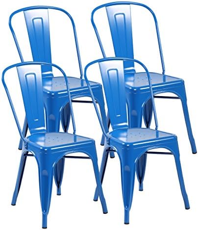 United Chair Tolix Style Metal Stackable Kitchen Dining Chairs with Back Set of 4 Bright Deep Blue 3004-BDB-4