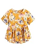 SheIn Women's Loose Ruffle Hem Peplum Short Sleeve Blouse Top One-Size Floral-Yellow