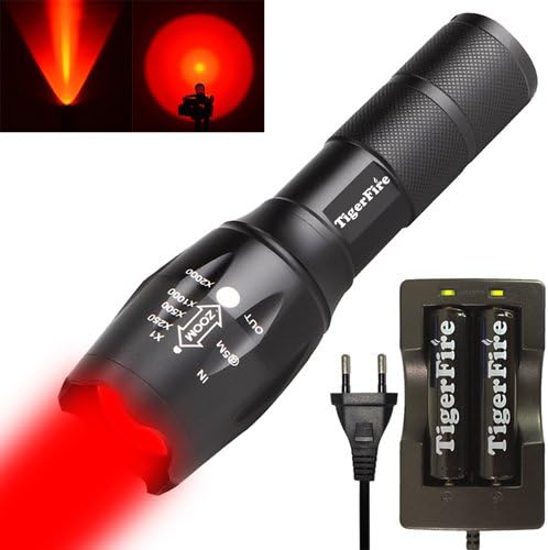TigerFire 500 Lumen Tactical Flashlight - CREE XP-G R5 LED, 5 Modes, Adjustable Focus, Water Resistant, Two 18650 Rechargeable Batteries and Dual Charger Included - Red Light