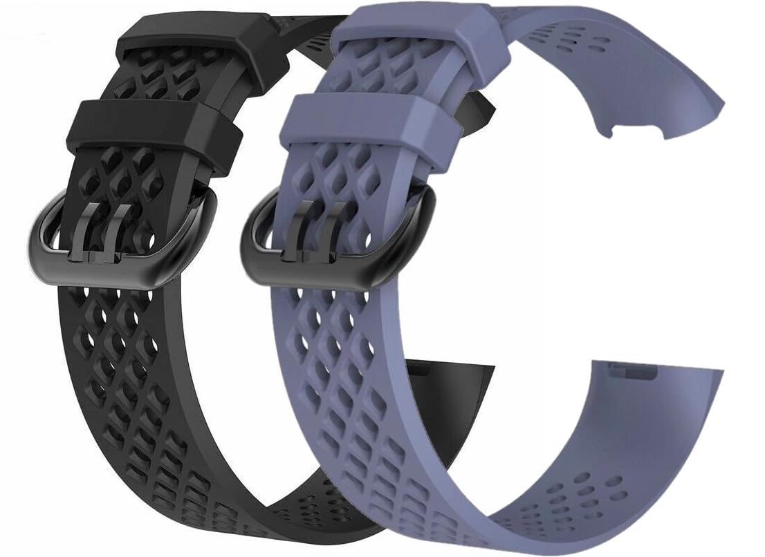 Panda Bobo for Fitbit Charge 3 / Fitbit Charge 4 Strap, Sport Silicone Adjustable Replacement with Breathable Holes Bracelet Strap Wristband (Small, Twin Pack - Black + Blue Grey)