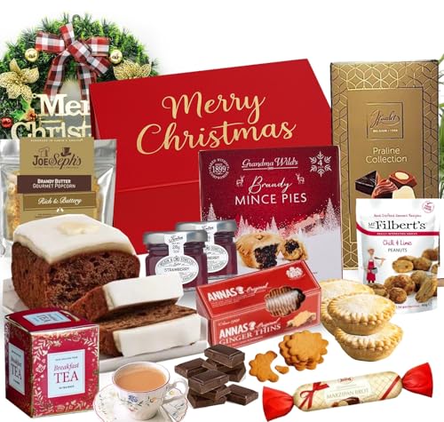 Tea Lovers Traditional Christmas Hamper- Tea Fruit Cake Truffle Hazelnut Jam Biscuits Mince Popcorn- New Year Afternoon Tea Gift for Men & Women