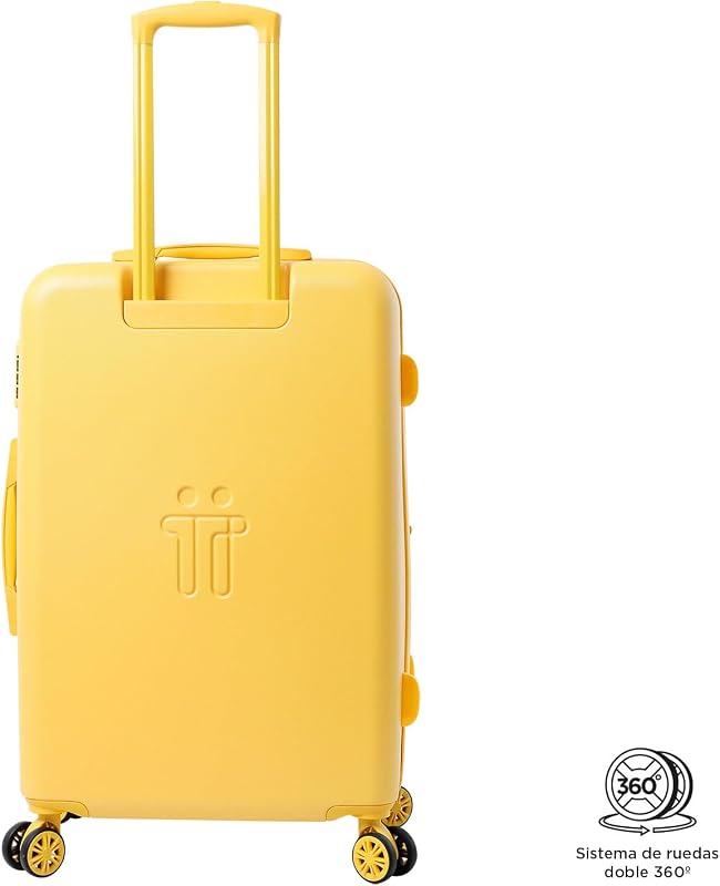 - Mala Média Dura, modelo Bazy+, 43,5 x 69 x 26 cm, capacidade de 64 L, expansível, resistência a impactos, rodas de 360º, pega telescópica, tiras internas, fechadura TSA, cor Super Lemon