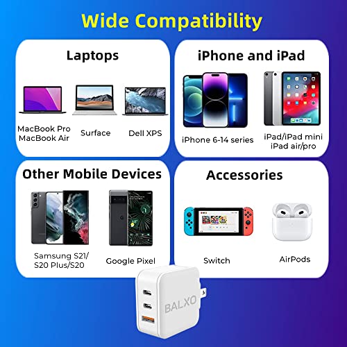 USB C Charger, 65W GaN Ⅲ Fast Charger 3 Ports PD3.0 PPS Foldable Wall Charger for Phone/Laptop,Compatible w/MacBook Pro/Air, iPad, iPhone,Pixelbook,ThinkPad,Dell XPS,Galaxy S23/S22, Balxo
