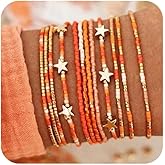 Bohxantium Gold Fall Orange Beaded Bracelets Stack for Women, 12PCS Boho Handmade Stackable Stretch Stars Seed Beads Accessories Jewelry Costumes Trendy Friendship Birthday Gift