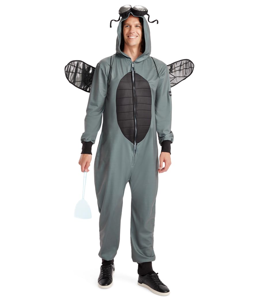 Tipsy Elves Insect Halloween Costume Gray Fly Jumpsuit with Stuffed Animal style Hood, Fly Swatter a