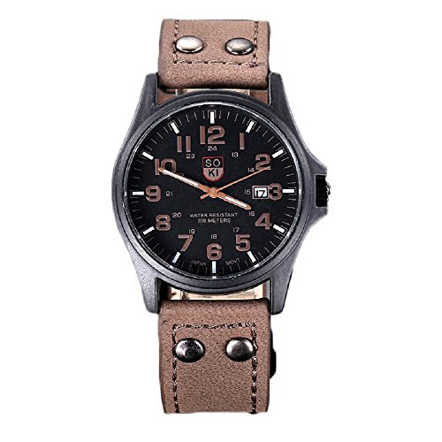 Men's Waterproof Date Leather Strap Sport Quartz Army Watch-Brown