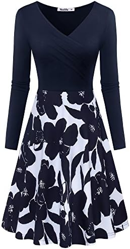 Yeslife Women's V-Neck Long Sleeve Pockets Floral Print Swing Casual Dress Floral-06 M