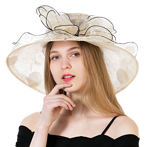 Dantiya Women's Polka Dot Kentucky Derby Hats Church Hat Tea Party Wedding Organza Hats (Khaki) - Thumbnail 2