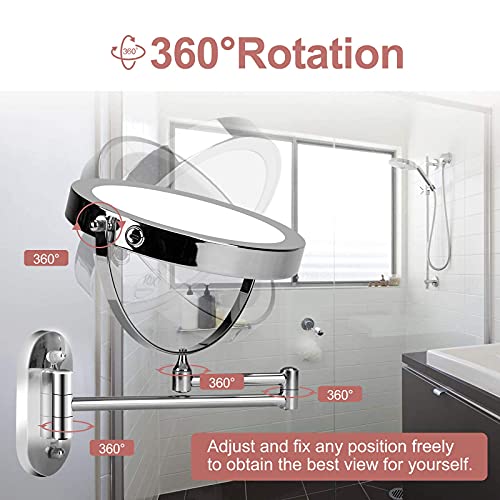 Rechargeable Lighted Makeup Mirror Wall Mounted, 10X Magnifying Mirror for Bathroom, Double