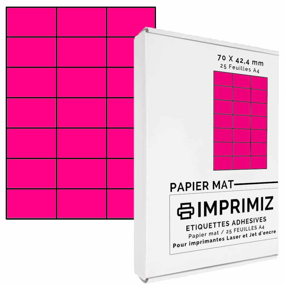 525 Fluorescent Pink Sticky Labels 70 x 42 mm, 21 Labels per Sheet, 25 A4 Sheets, for Inkjet and Laser Printing