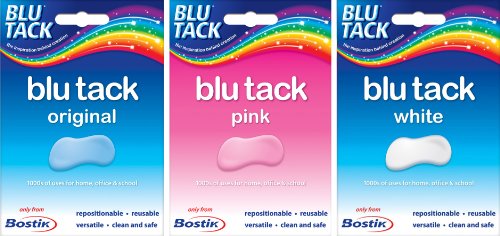 3 x Bostik Blu-tack Mastic Putty Adhesive Non-toxic White Blue & Pink (1 slab of each colour) approx 60g Ref 801127 801103 801608