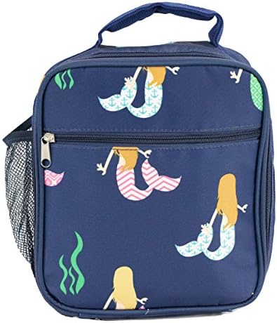 School Lunch Box for Boys and Girls, Insulated, with Water Bottle Pocket (Navy Mermaids)