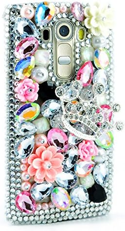 LG G Vista 2 Bling Case - Fairy Art Luxury 3D Sparkle Series Crown Flowrs Crystal Design Back Cover with Soft Wallet Purse Red Cloth Pouch - Silver