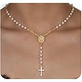 Gold Virgin Mary Cross Beaded Y Necklace for Women Vintage Rosary White Cross Pearl Pendant Necklaces Adjustable Religious Statement Neck Jewelry