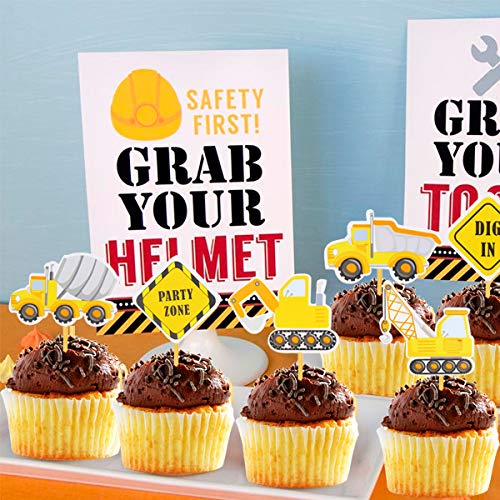 Construction Theme Cupcake Toppers Construction Signs Trucks Trators Excavators Cake Decorations Construction Zone Party Baby Shower Baby Sprinkle Kids Birthday Party Favors Pre-assembled (36 Pack)