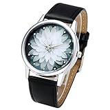 Top Plaza Black and White Lotus Flower Elegant Women Fashion PU Leather Band Analog Quartz Wrist Watch-Black