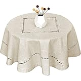 Grelucgo Handmade Double Hemstitch Natural Tablecloth, Round 72 Inch
