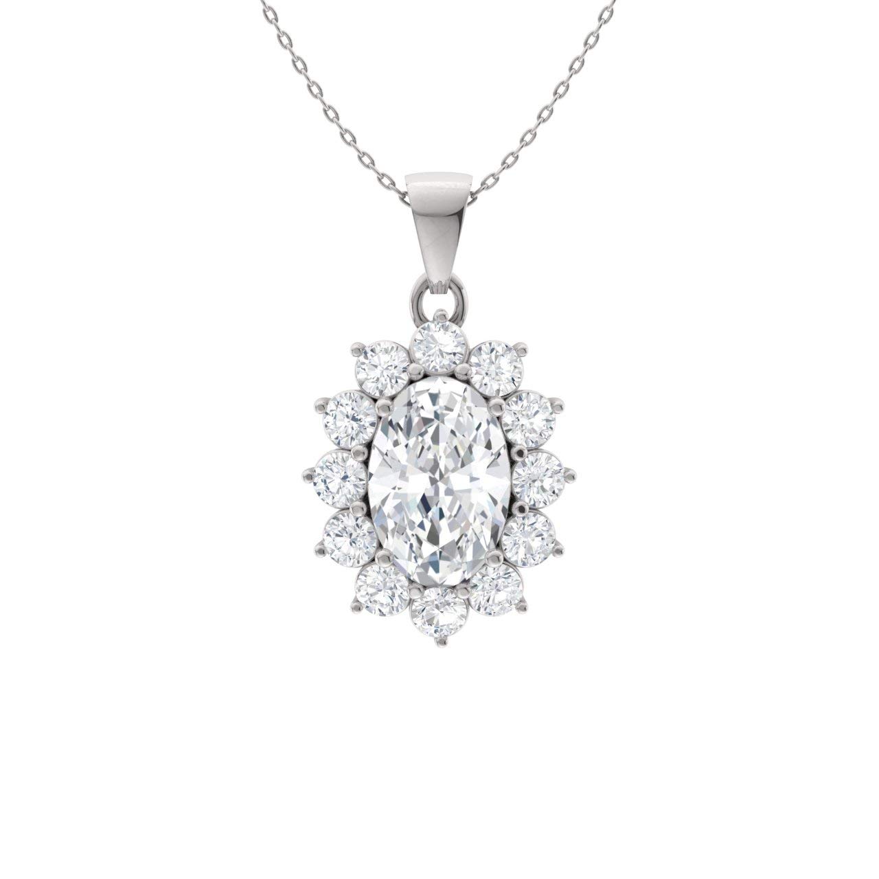 Diamondere Natural and Certified Oval White Topaz and Diamond Halo Petite Necklace in 9ct White Gold | 0.75 Carat Pendant with Chain