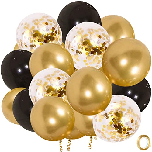 Black Gold Confetti Latex Balloons, 50 Pack 12 inch Gold Metallic Party Balloons with 33 Feet