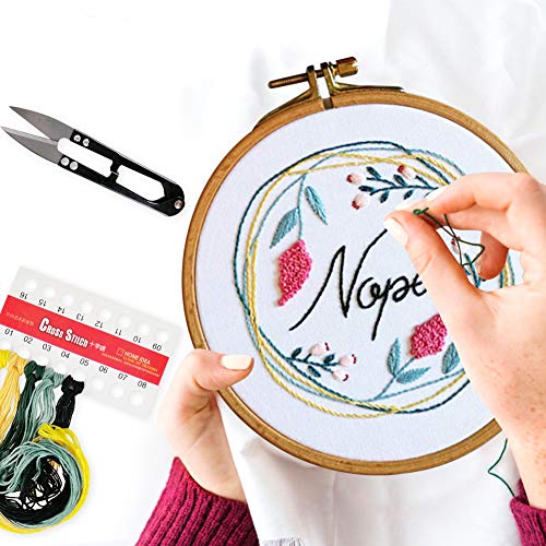 Hangnuo 2 Embroidery Starter Kit with Floral OK Nope Pattern for Beginners, Full Range Embroidery Cross Stitch with Embroidery Cloth, Bamboo Hoops, Threads, Needles, and Scissors