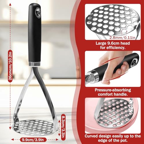 Potato Mashers, Potato Masher Food Grade Stainless Steel, Heavy Duty Potato Ricer Masher with Soft Grip Handle, Kitchen Food Masher for Mashed Potato, Tomato Puree, Jam, Vegetable & Fruits