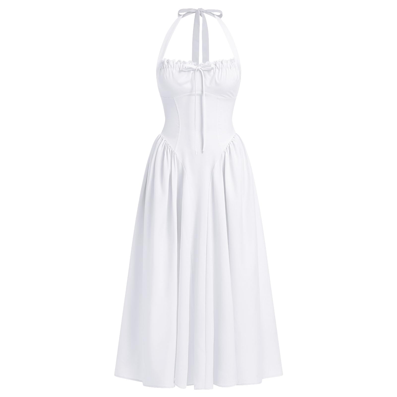 Photo 1 of ABEHIK Summer Dresses for Women 2024 Corset Sundress Flowy Adjustable Halter Neck Bustier Lace Up Midi Dress A Line Casual Wedding Guest Cocktail Homecoming Party Dresses White M